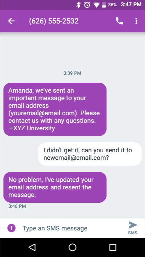 Amanda, we’ve sent an important message to your email address (emailaddress@email.com). Please contact us with any questions.—XYZ University