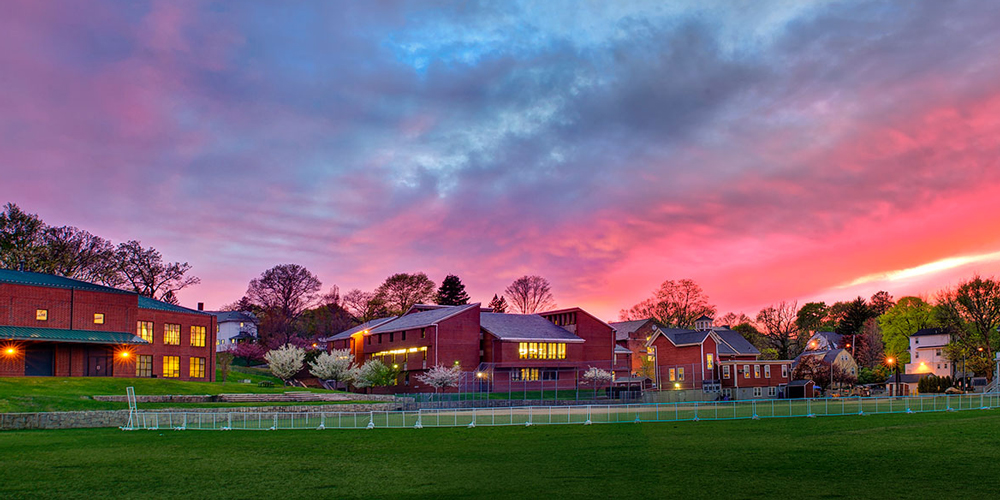 A sunset on Lasell University's campus.